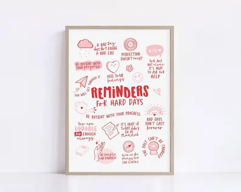 Framed poster titled 'Reminders for Hard Days' with motivational text and illustrations on a white background.