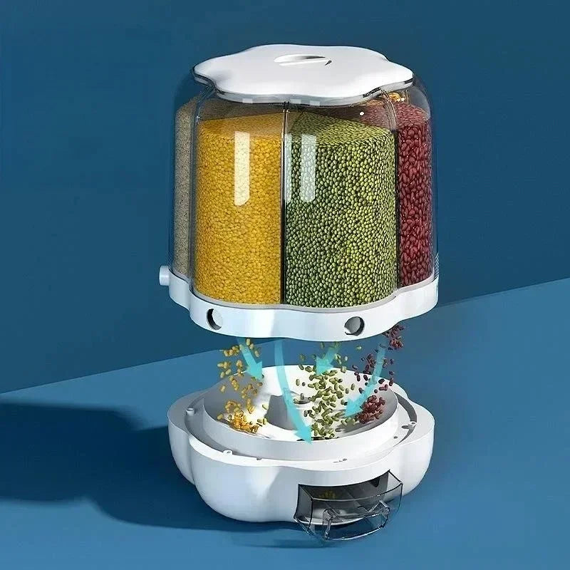 360° rotating cereal and grain dispenser with multiple compartments