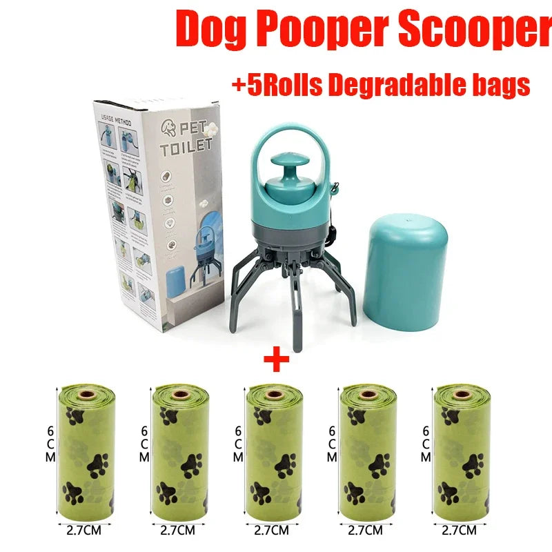 Dog pooper scooper set with degradable bags and packaging on a white background