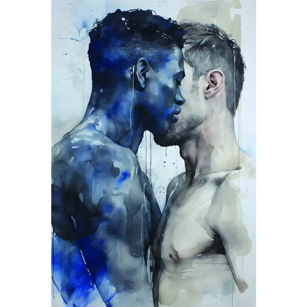 Artistic depiction of two figures facing each other with a blue and gray color scheme.