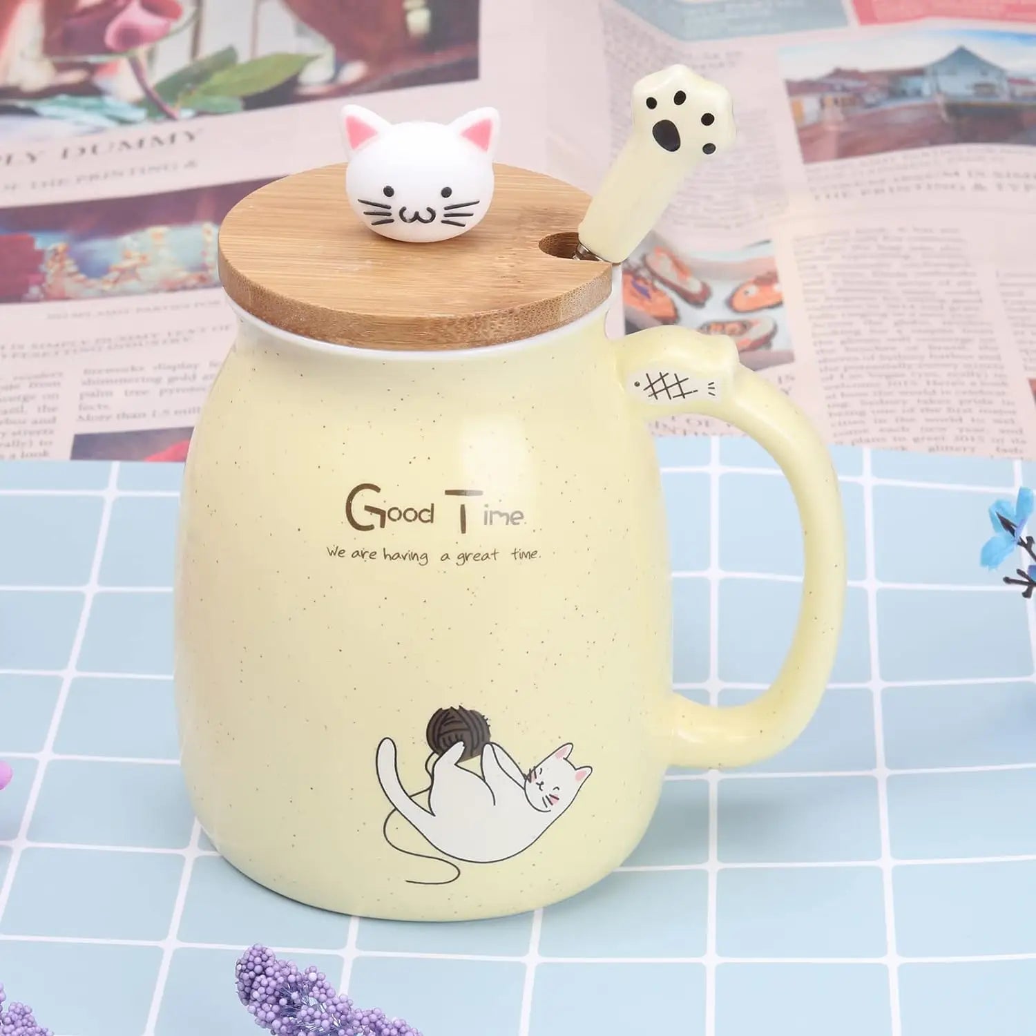 Kawaii pastel cat ceramic mug with wooden lid and cat spoon – Japanese style coffee cup in yellow