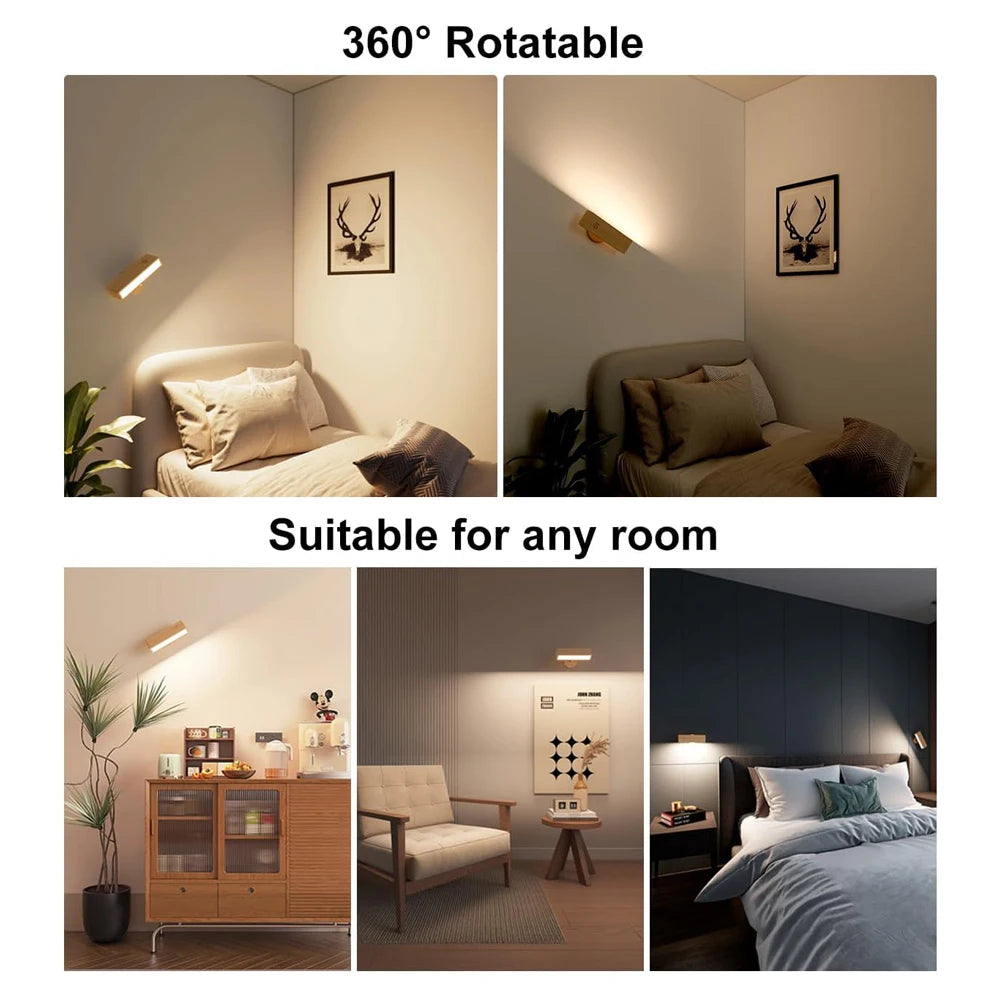 Light fixture in various room settings with '360° Rotatable' and 'Suitable for any room' text.