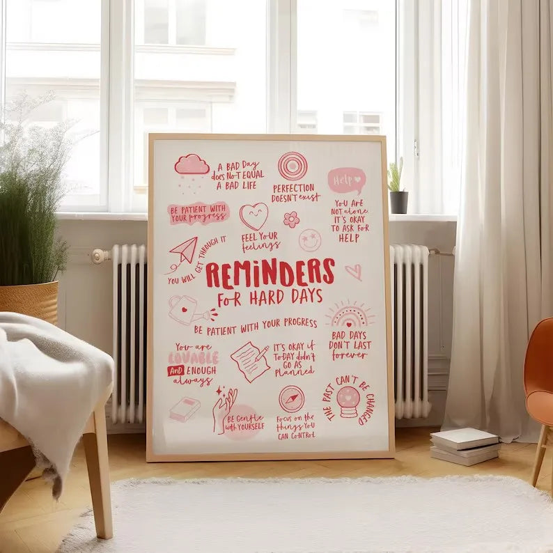 Framed motivational poster with pink text and illustrations in a room with a window and radiator.