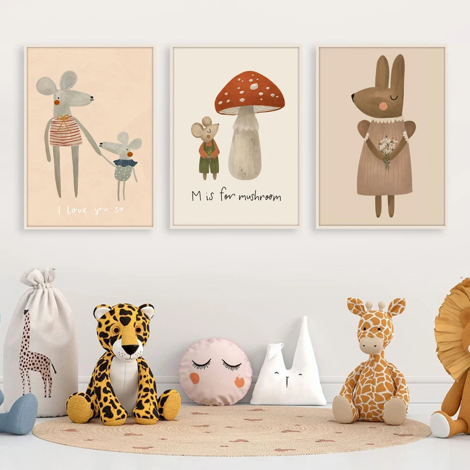 Three children's posters featuring animals and a mushroom, with toys below on a white floor.