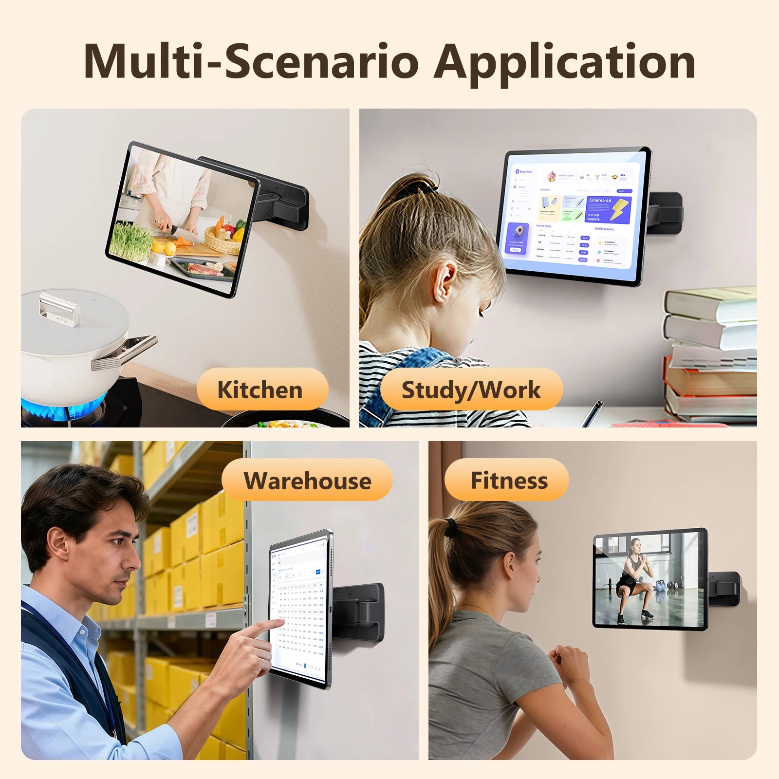 Collage of a digital display in various settings including kitchen, study/work, warehouse, and fitness.