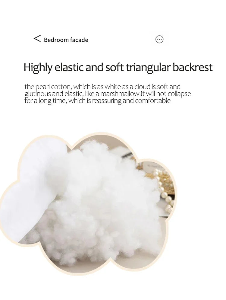 Text description of a soft triangular backrest with pearl cotton material on a white background.