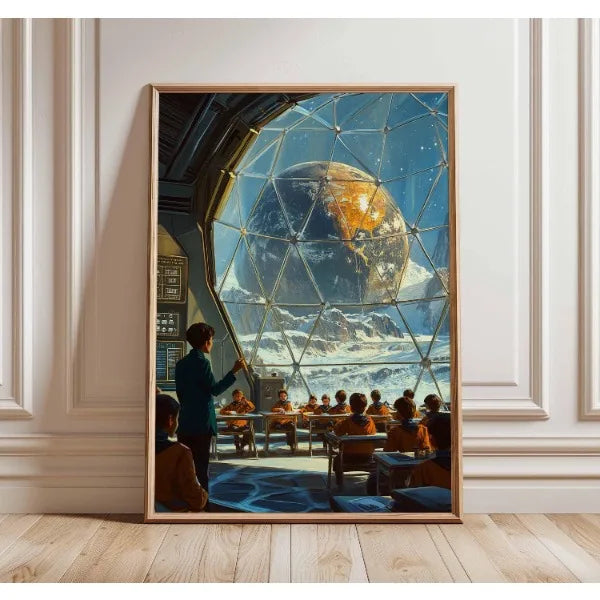 Framed artwork of a futuristic interior with a large globe on the wall.