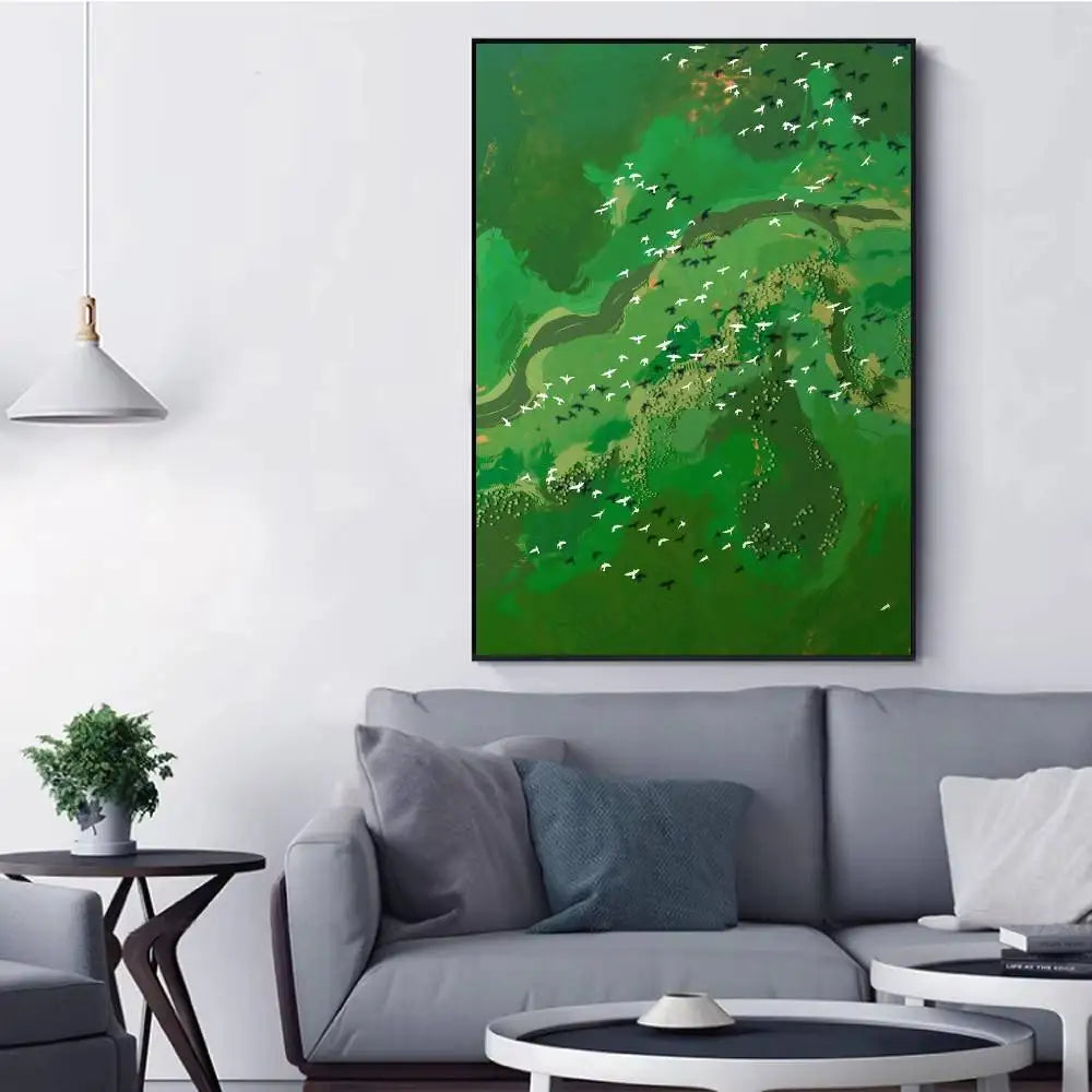 Green Jiangnan self-adhesive landscape art poster in modern Asian style for living room wall decor