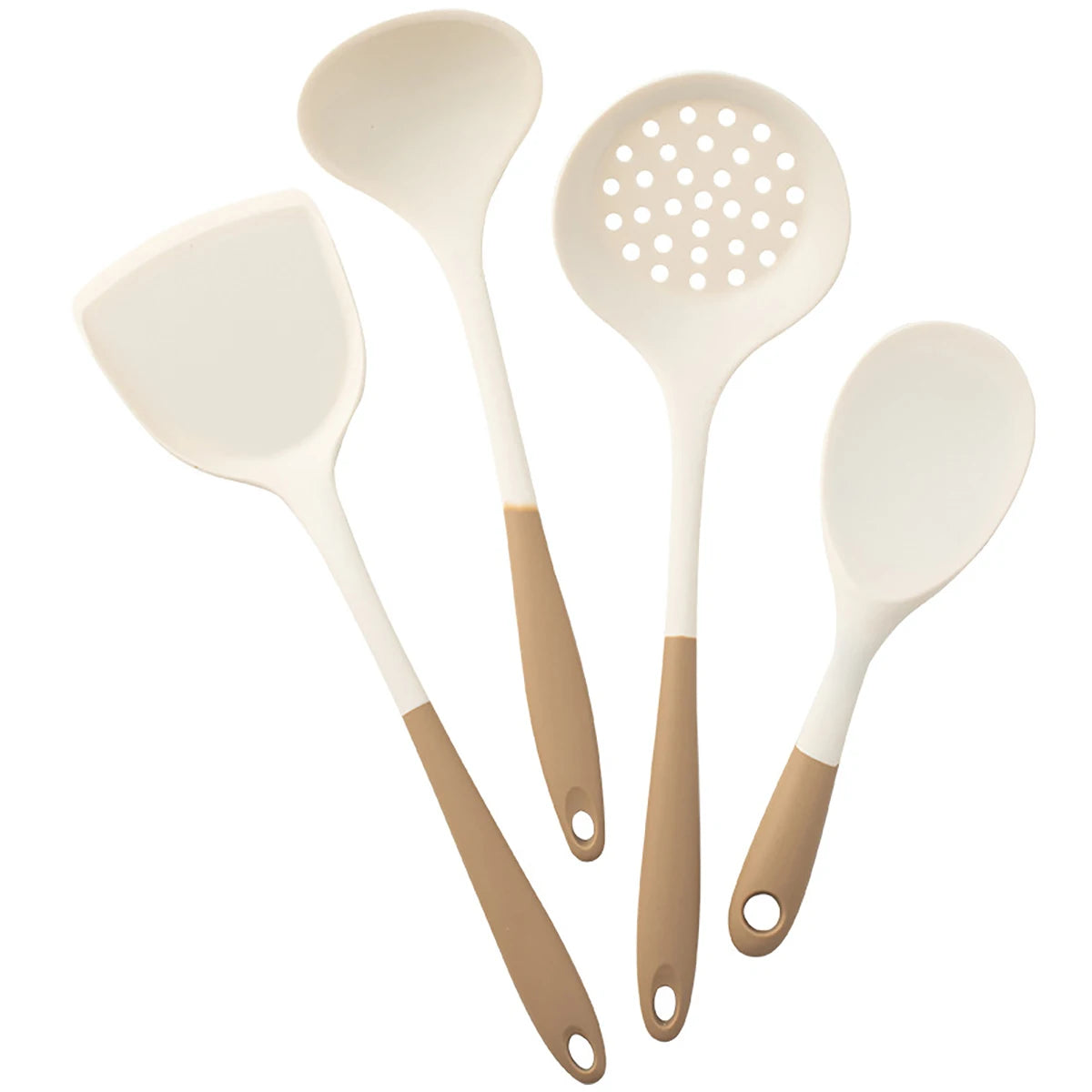 Set of four beige and white kitchen utensils on a white background