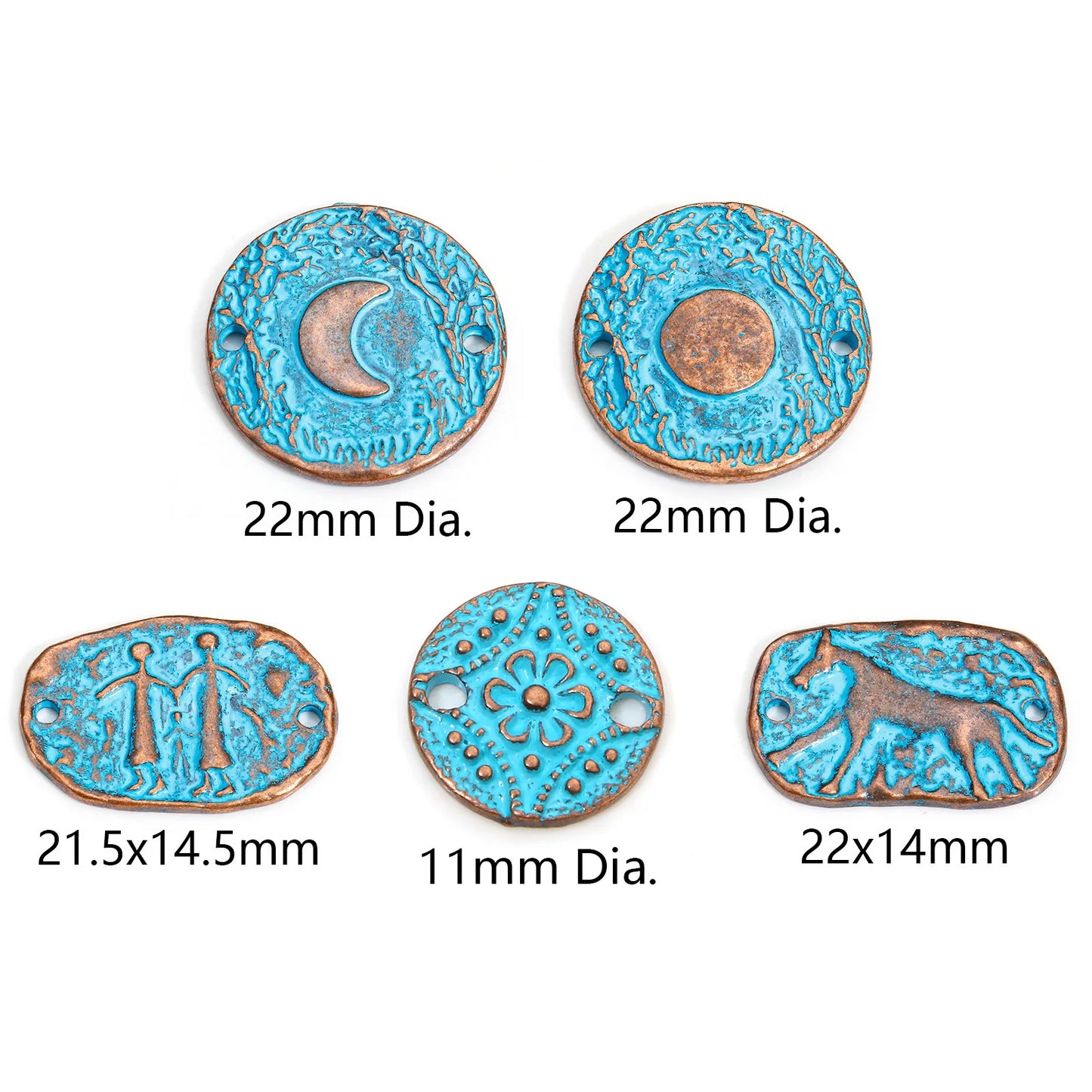 Set of blue and bronze decorative stones with measurements on a white background