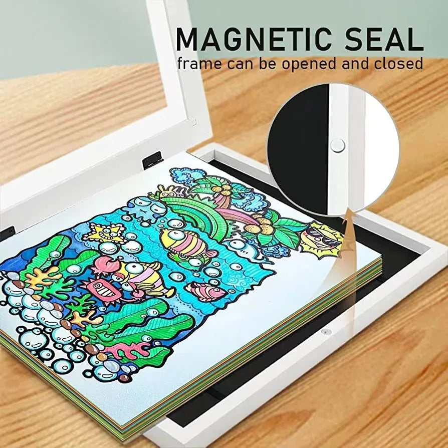 Coloring book with magnetic seal on a wooden surface