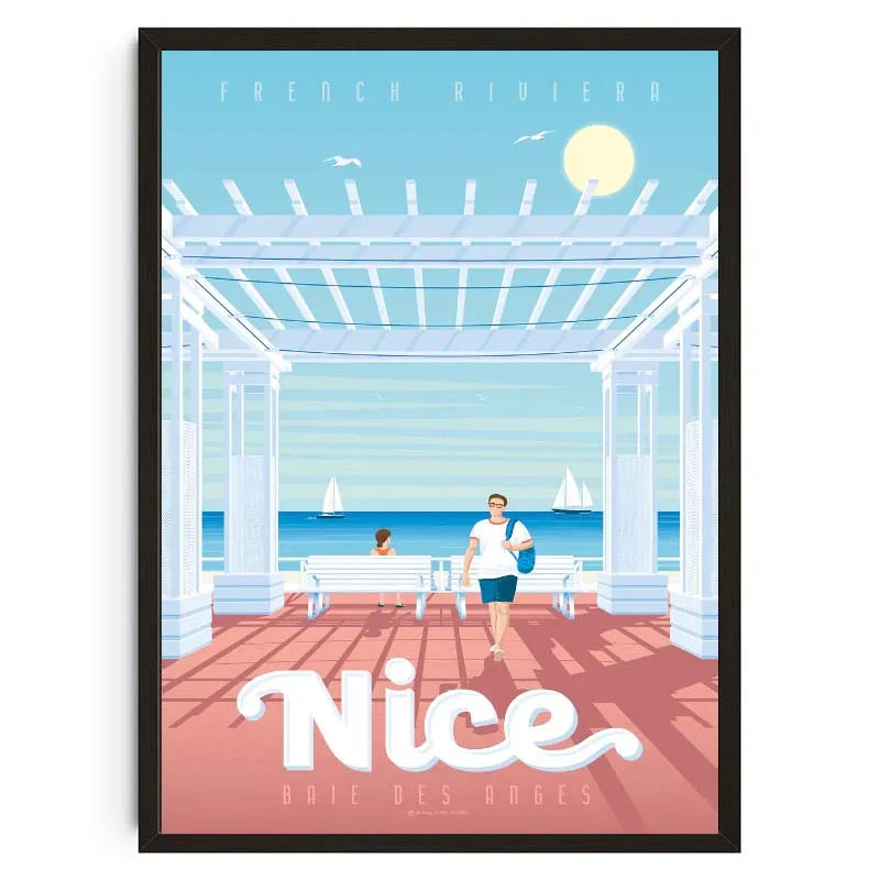 Poster of a beach scene with people on a bench, labeled 'Nice', on a white background.
