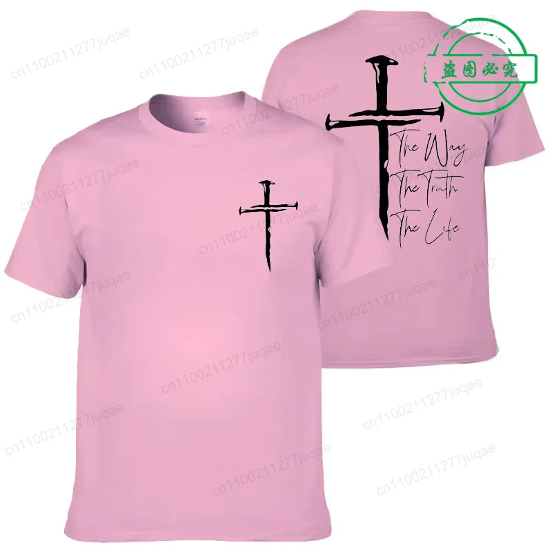 Pink t-shirt with black cross design on front and back