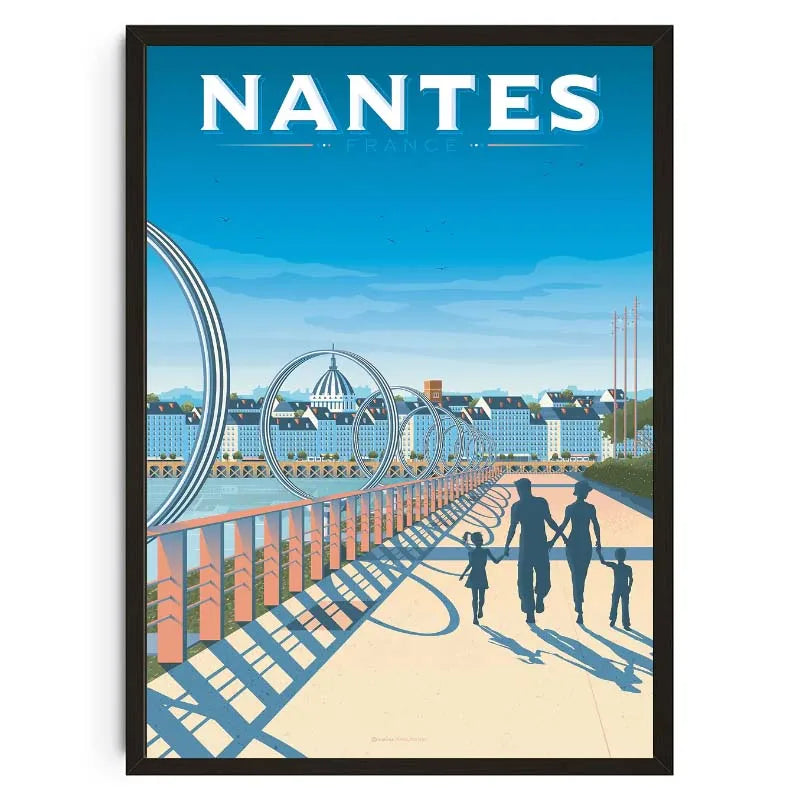 Poster of Nantes with a family walking on a bridge and modern architecture.