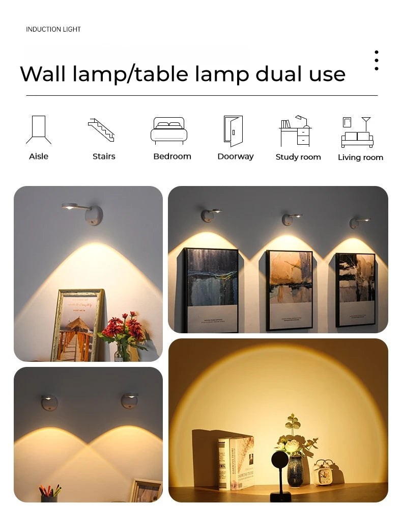 Induction light with dual use as wall lamp or table lamp, shown in various settings.