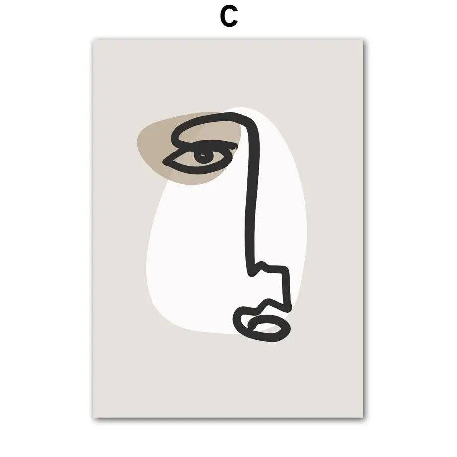 Abstract art print with a stylized face and eye on a beige background
