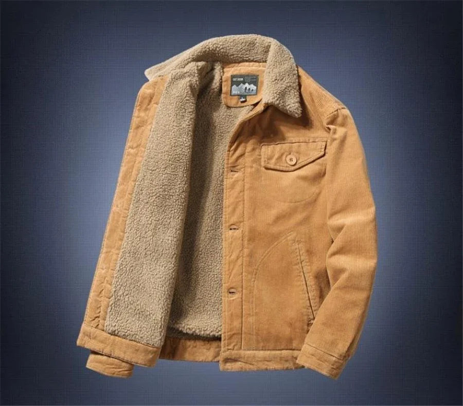 Tan jacket with beige fleece interior on a dark blue background