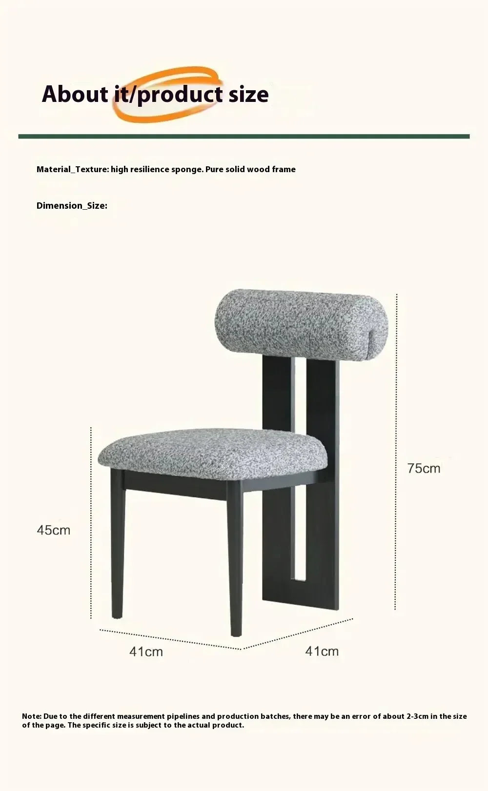 Measurement chart of a gray upholstered chair with dimensions.