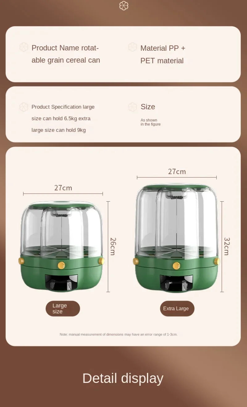 360° rotating cereal and grain dispenser with multiple compartments