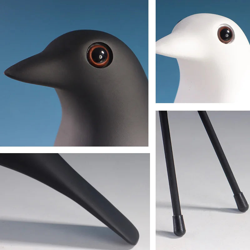 Collage of a black and white bird-shaped object with detailed features on a blue and gray background.