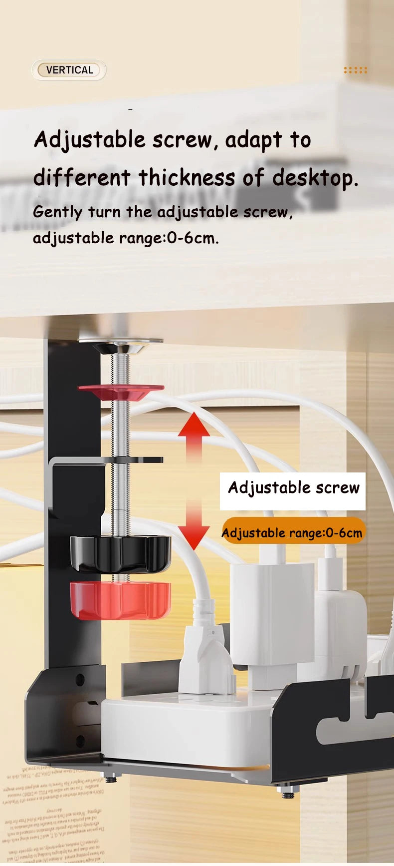 Adjustable screw mechanism on a desk setup with text indicating its function.