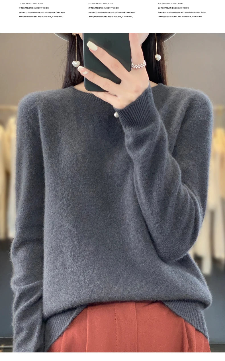 100% Merino Wool Women’s Sweater – Soft Cashmere-Feel O-Neck Pullover, Autumn/Winter Warm Knit Top (14 Colours)