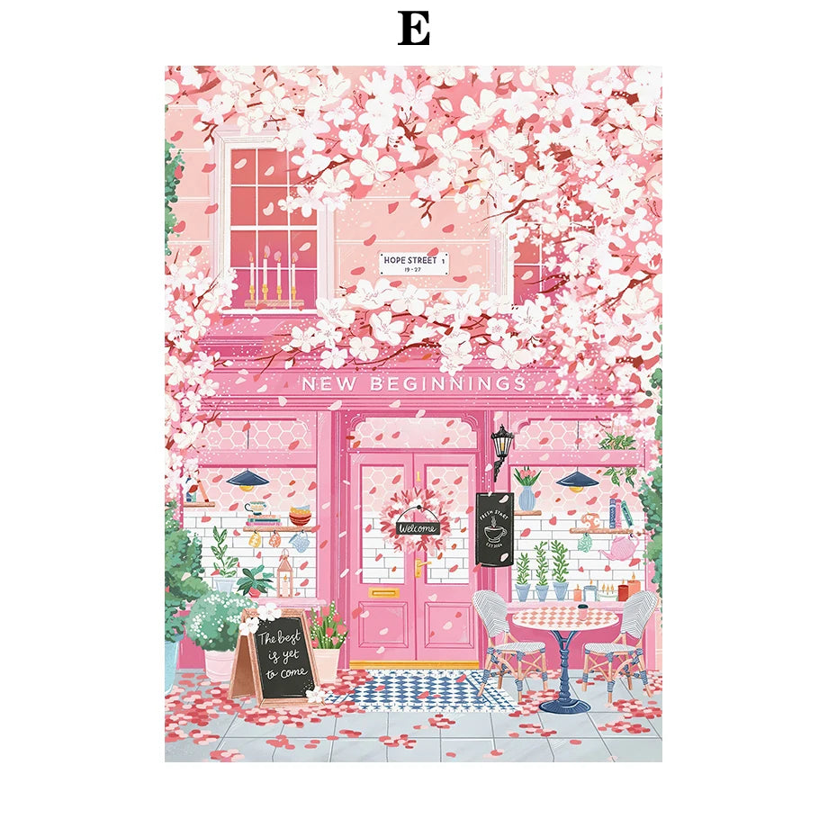 Illustration of a pink building with cherry blossoms and 'New Beginnings' text.
