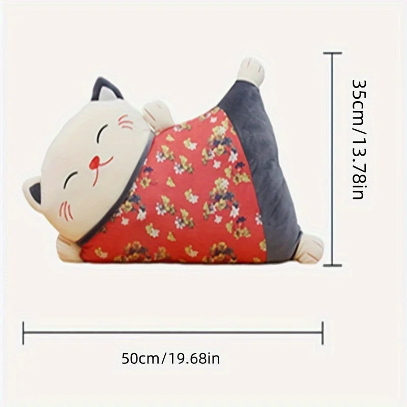 Cat-shaped pillow with floral pattern and measurements on a white background