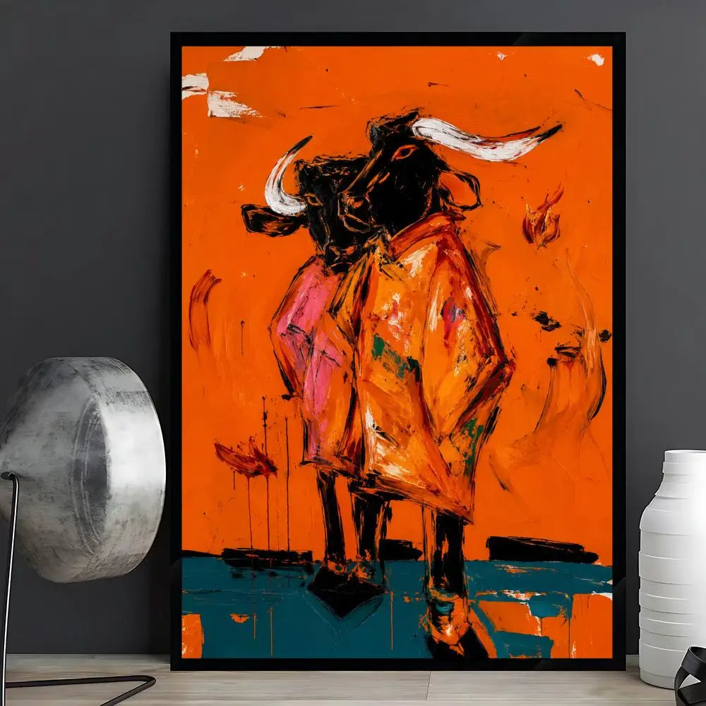 A framed abstract painting of two bulls standing on a teal ground against a vivid orange background, displayed in a black frame on a light wood floor next to a silver lamp and a white vase.