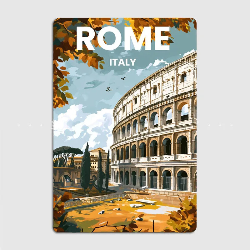Rome Italy vintage metal wall sign featuring the Colosseum in retro travel poster style
