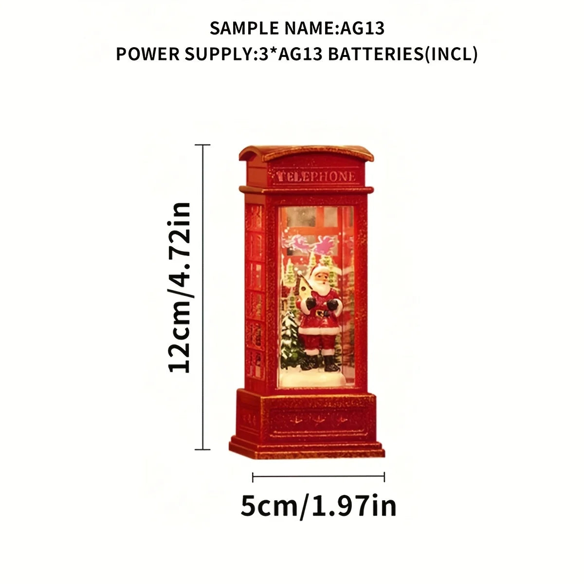Red telephone booth Christmas decoration with dimensions and battery information on a white background