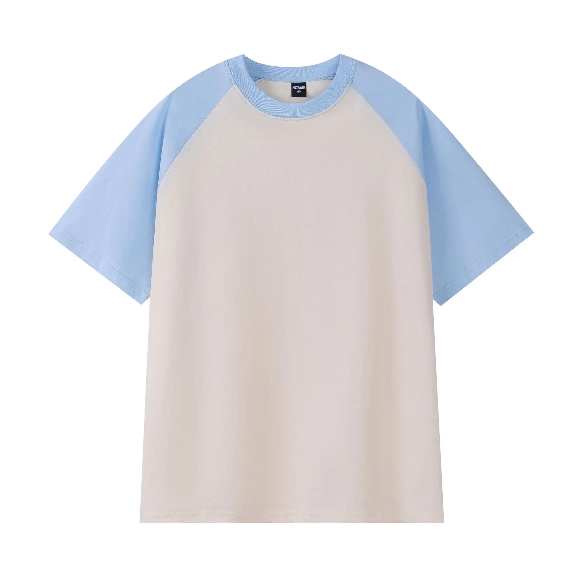 Beige t-shirt with light blue sleeves on a white background