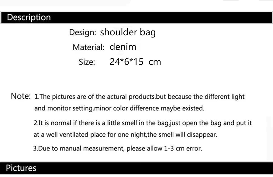Product description card for a denim shoulder bag with size and material details.