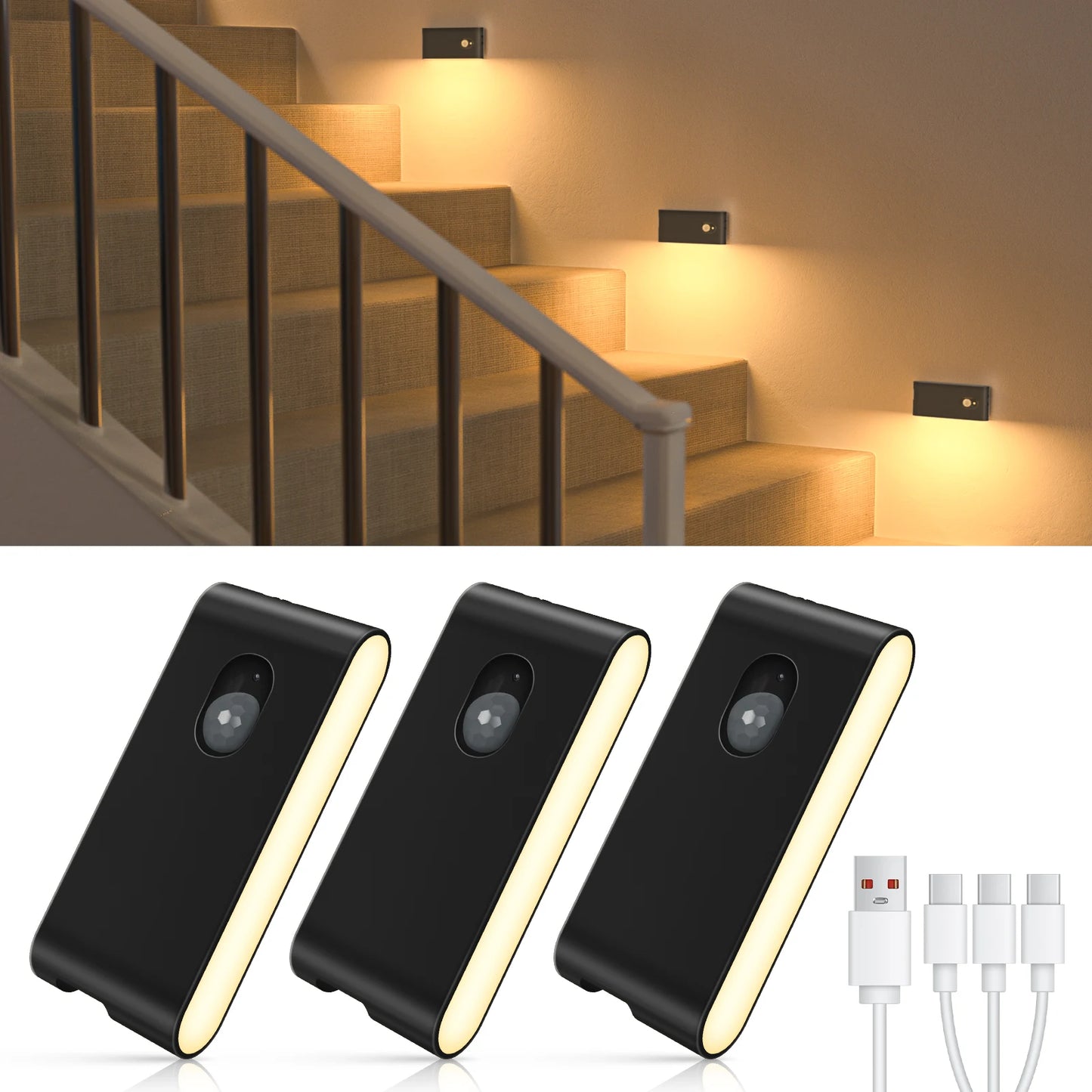 Stair lights with USB charging cable on a white background
