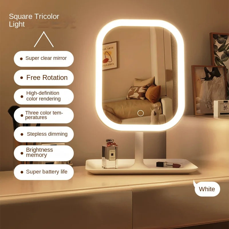 Square tricolor light mirror with LED border on a vanity table.