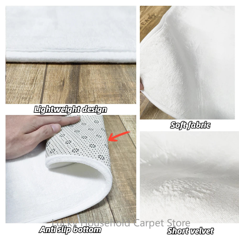 Collage of a white rug with text highlighting features like lightweight design, soft fabric, anti-slip bottom, and short velvet texture.