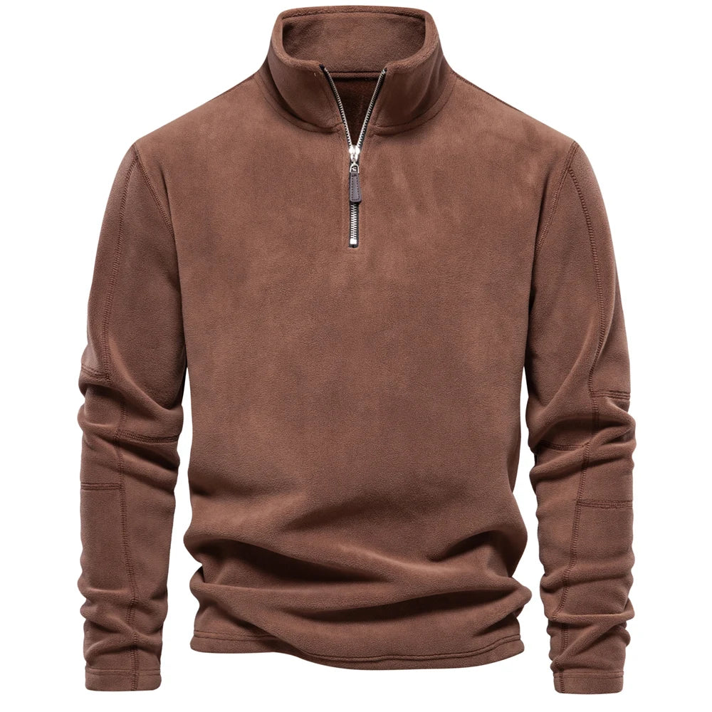 Brown fleece pullover with a zipper on a white background