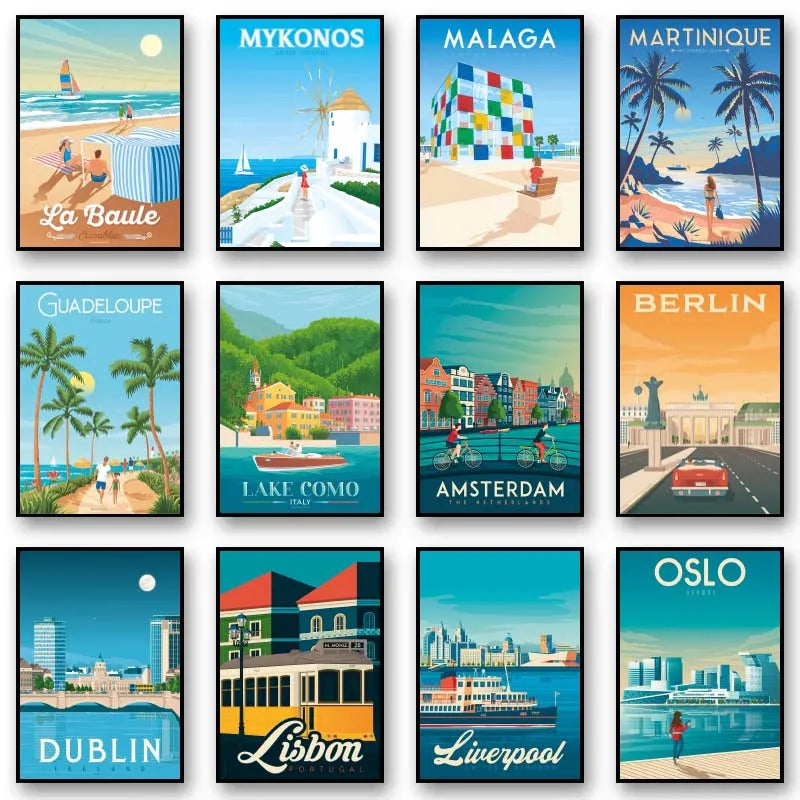 Collection of travel posters featuring various destinations.