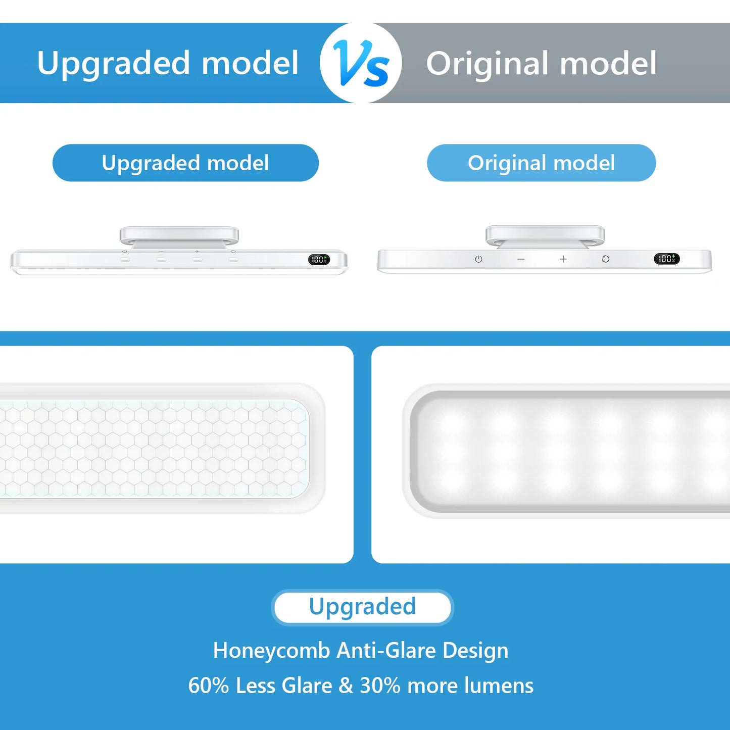 Comparison between upgraded and original models of a light fixture with text highlighting features.