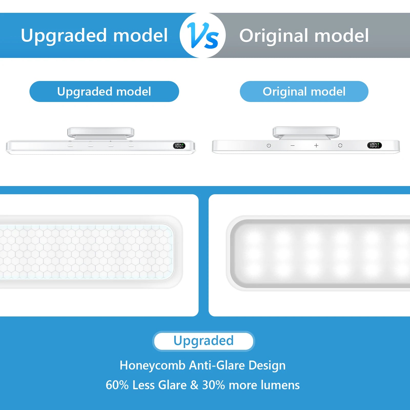 Comparison between upgraded and original models of a light fixture with text highlighting features.