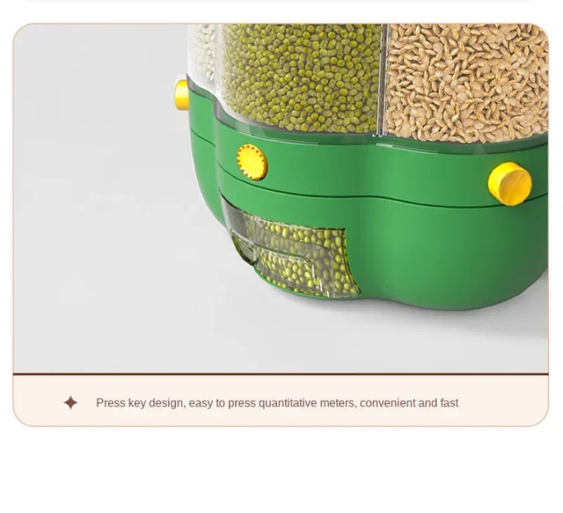 360° rotating cereal and grain dispenser with multiple compartments