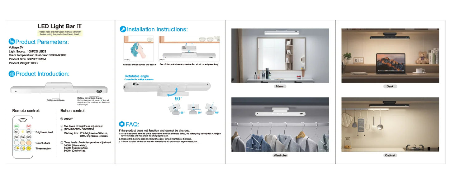 Product information sheet with LED light bar features, installation instructions, and usage examples.