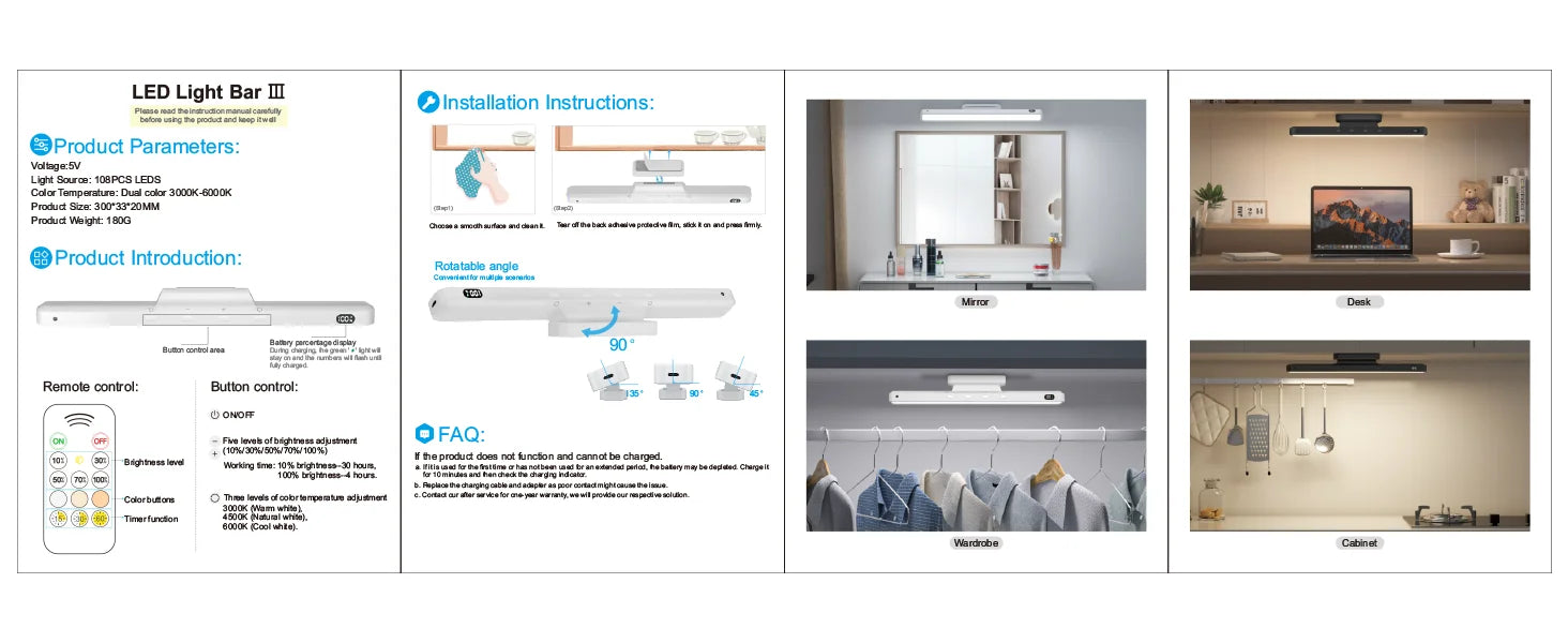 Product information sheet with LED light bar features, installation instructions, and usage examples.