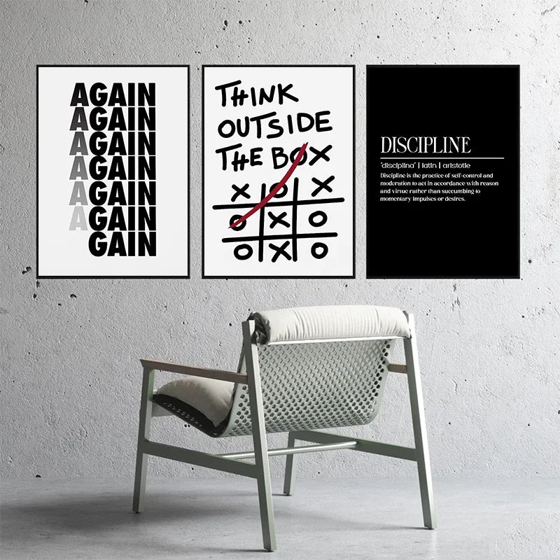 Set of three modern motivational quote posters with Think Outside the Box, Again, and Discipline designs