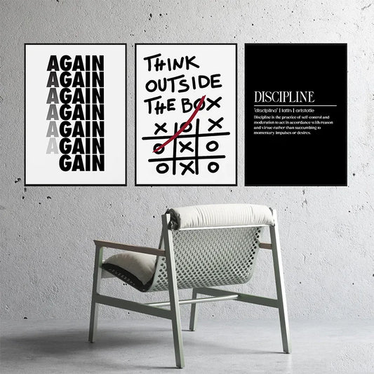 Set of three modern motivational quote posters with Think Outside the Box, Again, and Discipline designs
