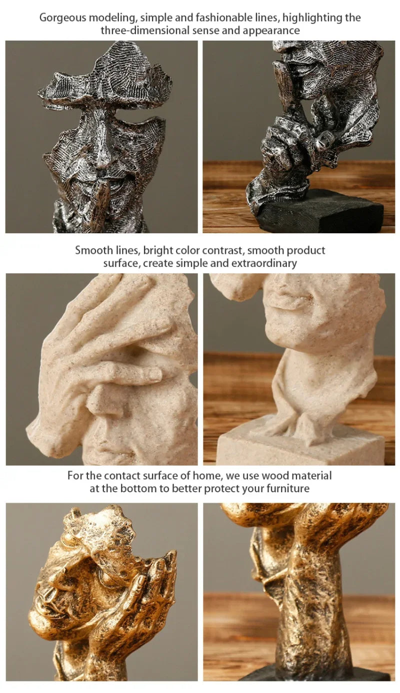 Collage of sculptures with different finishes and materials on a wooden surface.