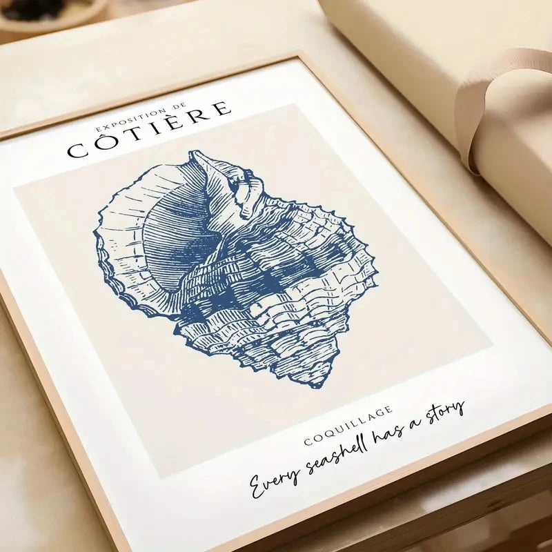 Framed artwork of a blue shell with text on a beige surface