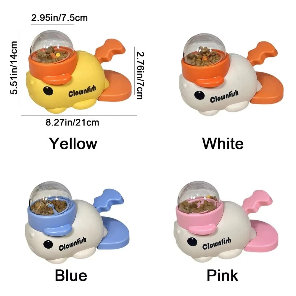 Four clownfish-shaped pet toys in yellow, white, blue, and pink with measurements and 'Clownfish' text.