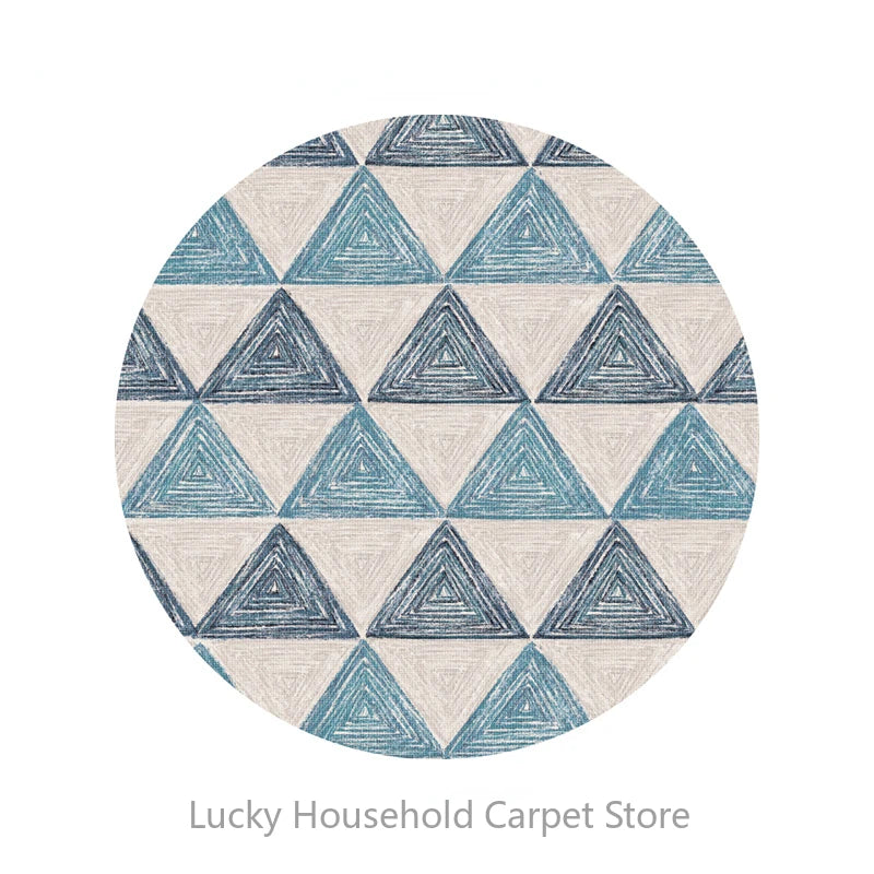 Round rug with blue triangle pattern on a white background, branded 'Lucky Household Carpet Store'.