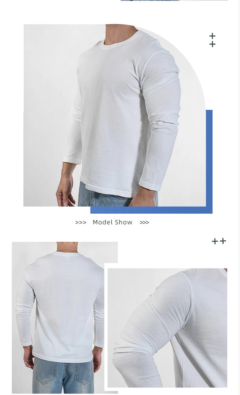 men’s white long sleeve cotton crew neck t-shirt casual fit